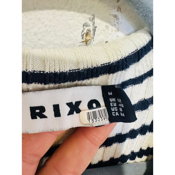 RIXO Blue White Antibes Stripe Ribbed Collared Ties Necklines Maxi Dress Size 8 - Picture 10 of 16